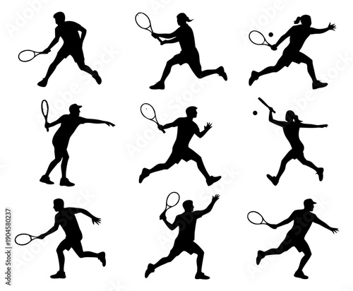 Black silhouette set of tennis players in action poses, serving, forehand, backhand, smash, running silhouette set