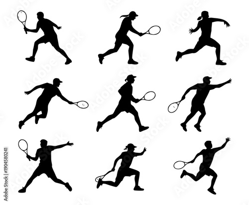 Black silhouette set of tennis players in action poses, serving, forehand, backhand, smash, running silhouette set