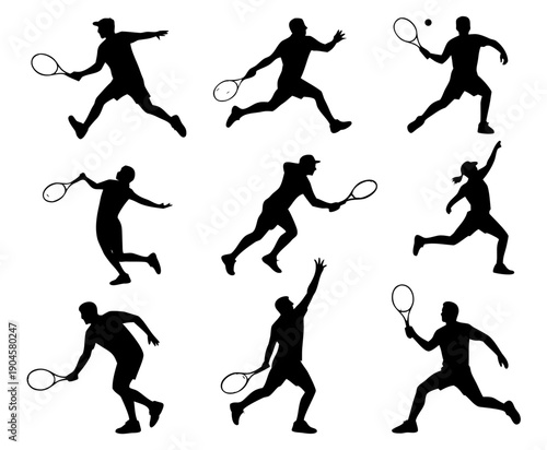 Black silhouette set of tennis players in action poses, serving, forehand, backhand, smash, running silhouette set