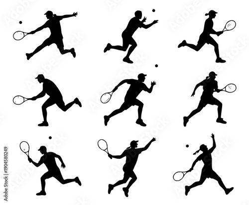 Black silhouette set of tennis players in action poses, serving, forehand, backhand, smash, running silhouette set