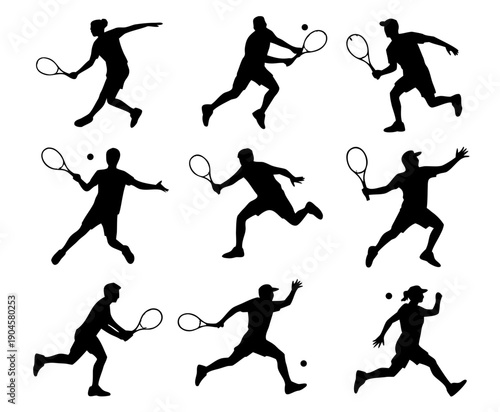Black silhouette set of tennis players in action poses, serving, forehand, backhand, smash, running silhouette set
