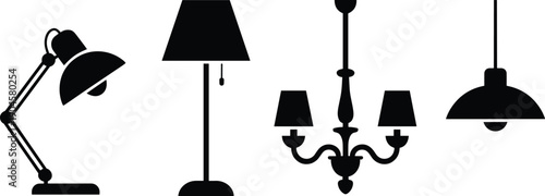 Lighting fixture silhouettes including desk lamp, floor lamp, chandelier, and pendant, interior decor theme, black vector illustration of design
