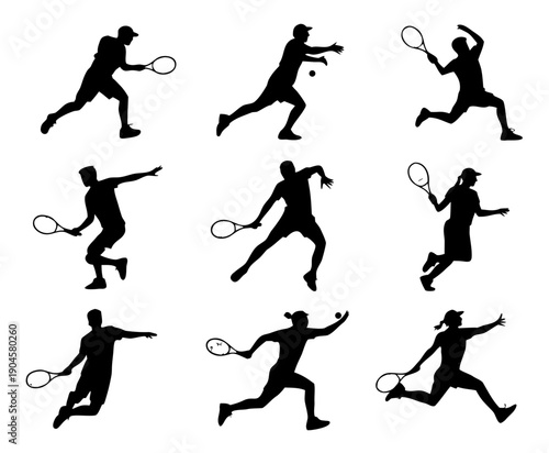 Black silhouette set of tennis players in action poses, serving, forehand, backhand, smash, running silhouette set