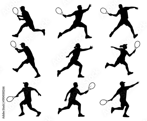 Black silhouette set of tennis players in action poses, serving, forehand, backhand, smash, running silhouette set