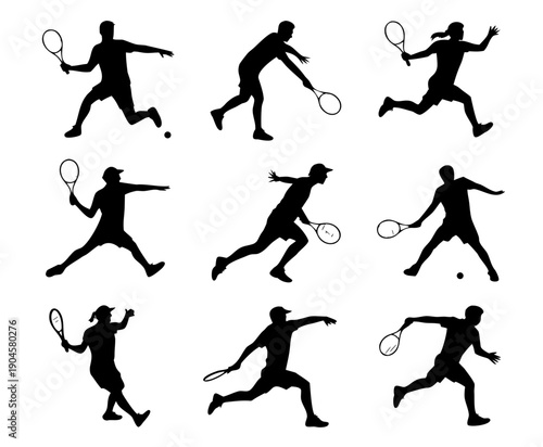 Black silhouette set of tennis players in action poses, serving, forehand, backhand, smash, running silhouette set