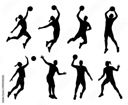Black silhouette set of volleyball players in action poses, jumping, serving, spiking, blocking silhouette set