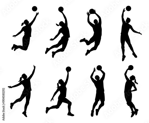 Black silhouette set of volleyball players in action poses, jumping, serving, spiking, blocking silhouette set