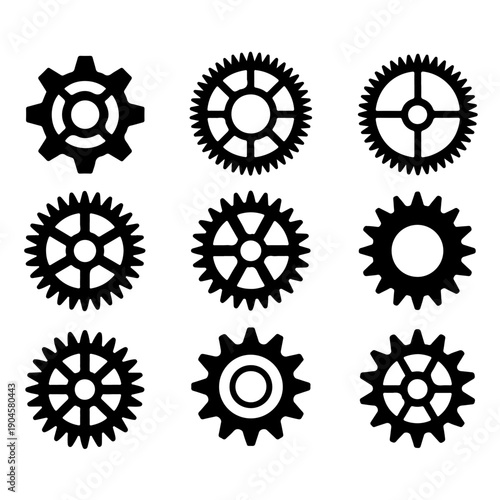 Black gear and cogwheel silhouette set in different sizes and designs, mechanical industrial parts
