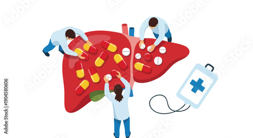 Liver health and medication. Medical treatment concept. Flat vector illustration.