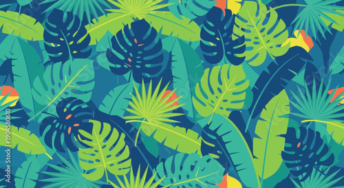 Tropical Jungle Leaves Pattern - Vibrant Green and Blue Exotic Foliage