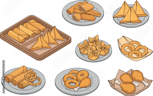 A delightful assortment of savory fried appetizers and finger foods, perfect for parties and gatherings
