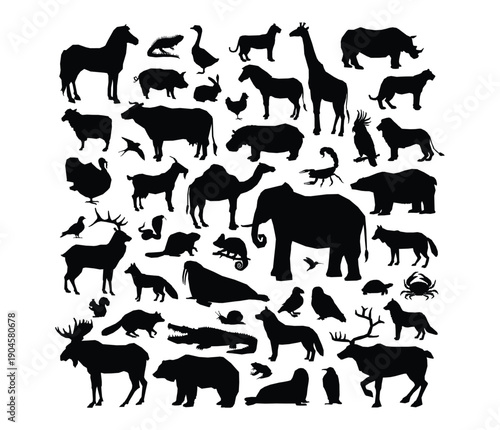 Farm animals collection vector set with cow dog horse cat goat pig sheep and chicken icons