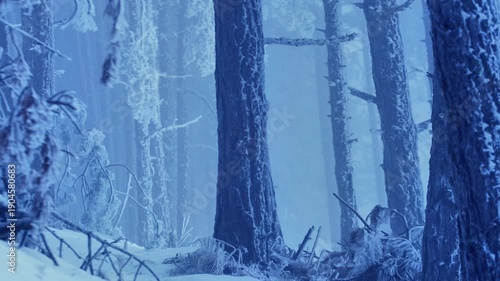 Snow-covered pine forest wrapped in thick winter fog, frozen branches shimmering in soft diffused light. Peaceful and mystical woodland landscape capturing the silence and purity of the nature. 