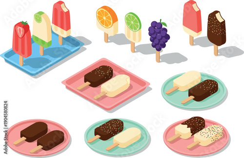 Assortment of colorful frozen desserts and ice cream bars on platters, featuring fruit flavors and chocolate coatings