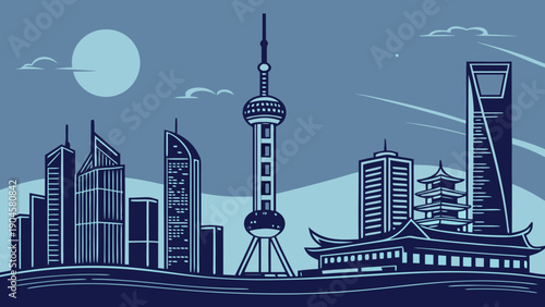 Minimal East Asian City Night Vector