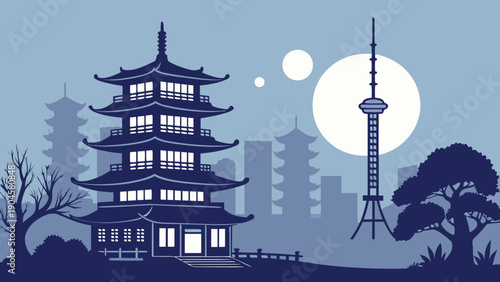 Minimal East Asian City Night Vector