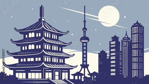 Minimal East Asian City Night Vector