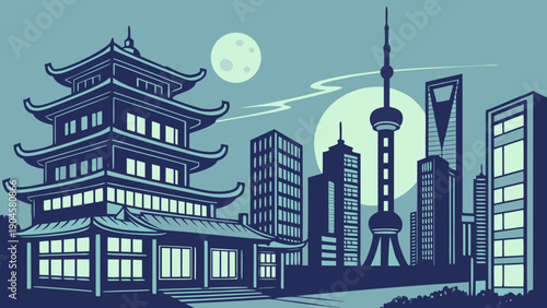 Minimal East Asian City Night Vector