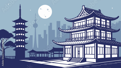 Minimal East Asian City Night Vector