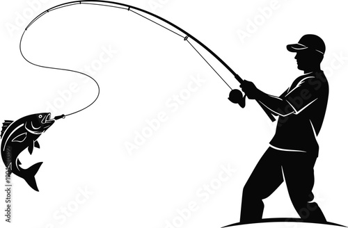 Silhouette of person fishing with rod and caught fish, outdoor recreation theme, black and white vector illustration of angling action
