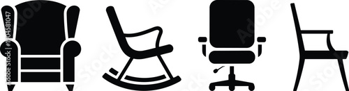 Chair silhouettes including armchair, rocking chair, office chair, and wooden chair, furniture theme, black vector illustration of seating design