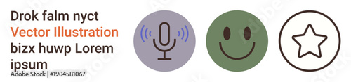 Communication, user experience, feedback, digital tools, rating, engagement. A microphone, happy face and star icons in a clean circular design. Communication and user experience concept