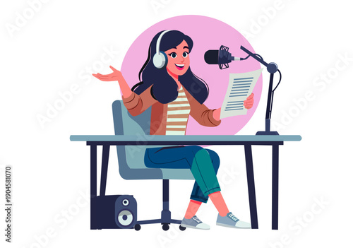 Female Podcaster or Radio Host Working in Studio