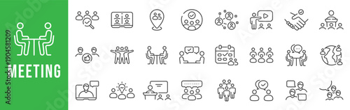 Meeting icon set featuring outline line icons for business meetings, teamwork, discussions, presentations, collaboration, workshops, and online conferences in modern editable stroke style.