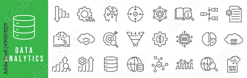 Outline data analytics icon set illustrating data processing, analysis, visualization, optimization, and cloud intelligence concepts
