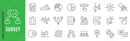 Survey icon set designed for questionnaires, feedback collection, polls, ratings, and user research.