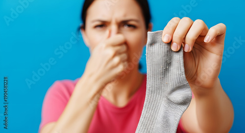 Woman pinching nose holding smelly gray sock against blue background odor hand