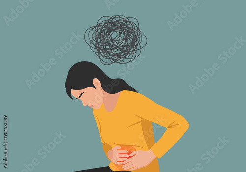 Woman with Stomach Pain. Abdominal Discomfort. Anxiety Symbol. Flat Design.