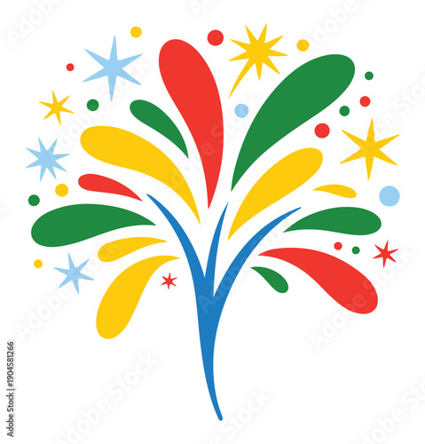 Colorful Abstract Tree with Stars and Dots on White Background