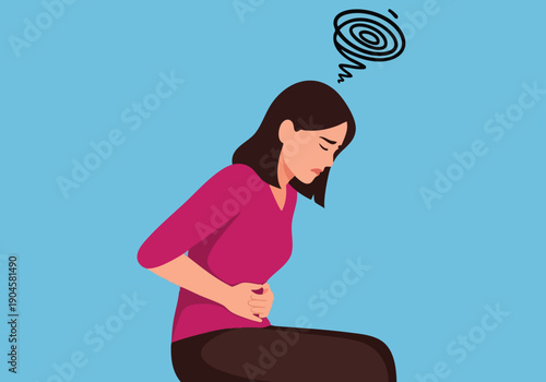 Woman with stomach pain. Abdominal discomfort illustration. Flat vector health concept.