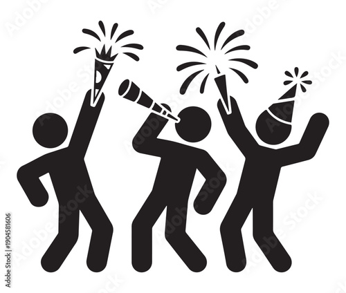 Black Silhouettes of Three People Celebrating with Fireworks and Party Hats on White Background