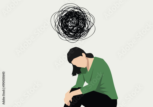 Woman with tangled thoughts. Mental health illustration. Anxiety and stress concept. Flat vector art.