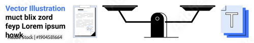 Legal systems, justice, decision making, contracts, equality, documentation. Scales of justice next to legal document and text symbol. Legal systems and justice concept