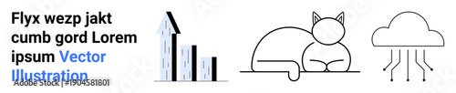 Business growth, data analytics, cloud computing, minimalism, pet care, modern technology. A bar chart, cat outline and cloud with circuits. Business growth and data analytics