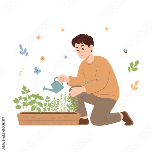 Vector illustration of a young man watering plants in a planter box. Concept of gardening, plant care, growth, sustainability and eco friendly lifestyle. Clean and calm nature scene.