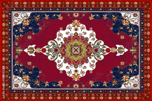 A classic Persian-style carpet design featuring a highly symmetrical composition with an intricate central medallion formed by layered geometric and floral motifs