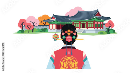 Traditional korean architecture viewed by a woman in hanbok with blossoming trees in the background