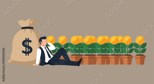 Man relaxing with money bag and coin plants. Financial growth illustration. Passive income concept.