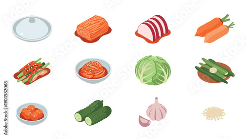 Traditional korean cuisine elements: kimchi, pickled vegetables, and ingredients in flat design