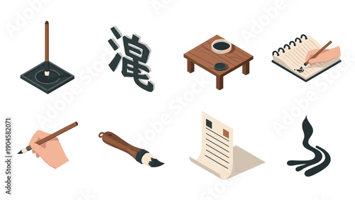 Isometric calligraphy set: traditional japanese ink, brush, and paper elements