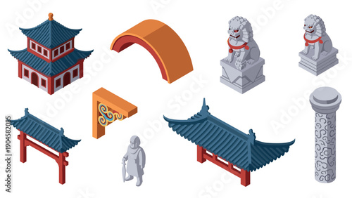 Isometric chinese architecture elements with lion statues and traditional roof design