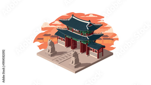 Isometric korean gate with sculptures and traditional architecture in sunset backdrop