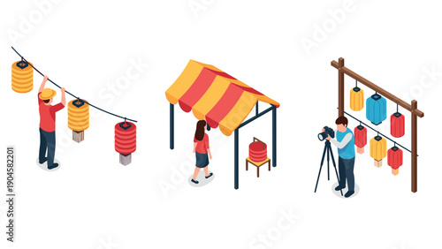 Festive lanterns and photography: isometric scene of market preparation