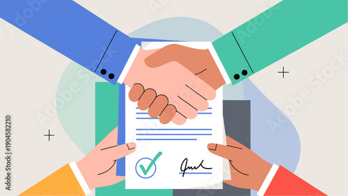 Hands shaking over a signed contract document, business agreement and partnership approval concept
