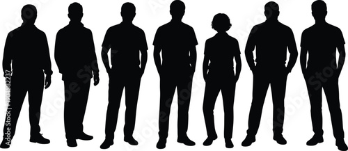 Vector illustration of human silhouette icons—symbols for group diversity, standing posture, anonymous figures, social identity, teamwork unity, and collective representation