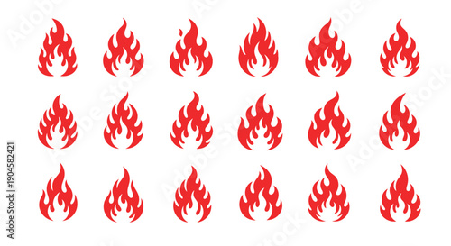 Red Fire Flame Icon Set – Flat Burning Flame Symbols Isolated on White Background